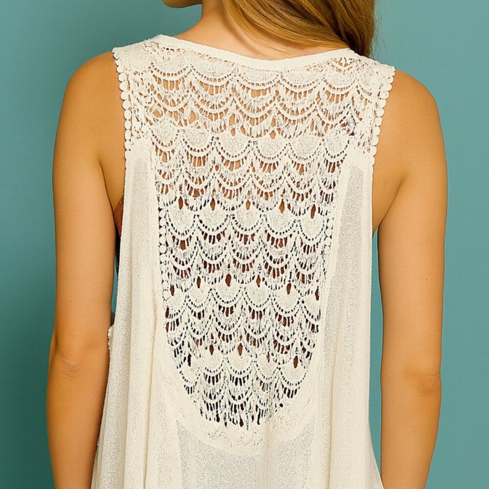 NY Collection NWOT Cream Lace Back Sleeveless Layering Tunic Cardigan Vest S/M